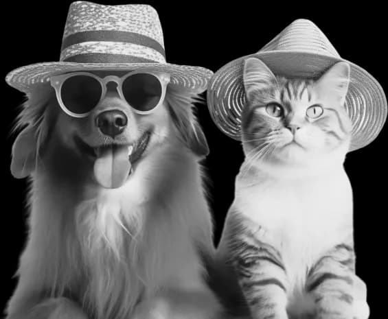 Happy dog and cat wearing hats and sunglasses
